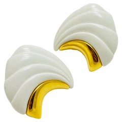  MONET signed vintage gold white lucite designer clip on earrings