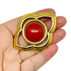 MONET signed vintage huge gold tone faux red coral designer brooch