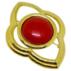 MONET firmado vintage enorme broche de diseño de coral rojo de imitación en tono dorado