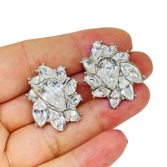 MONET signed vintage silver tone rhinestones massive designer clip on earrings