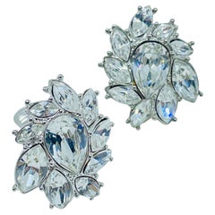 MONET signed vintage silver tone rhinestones massive designer clip on earrings