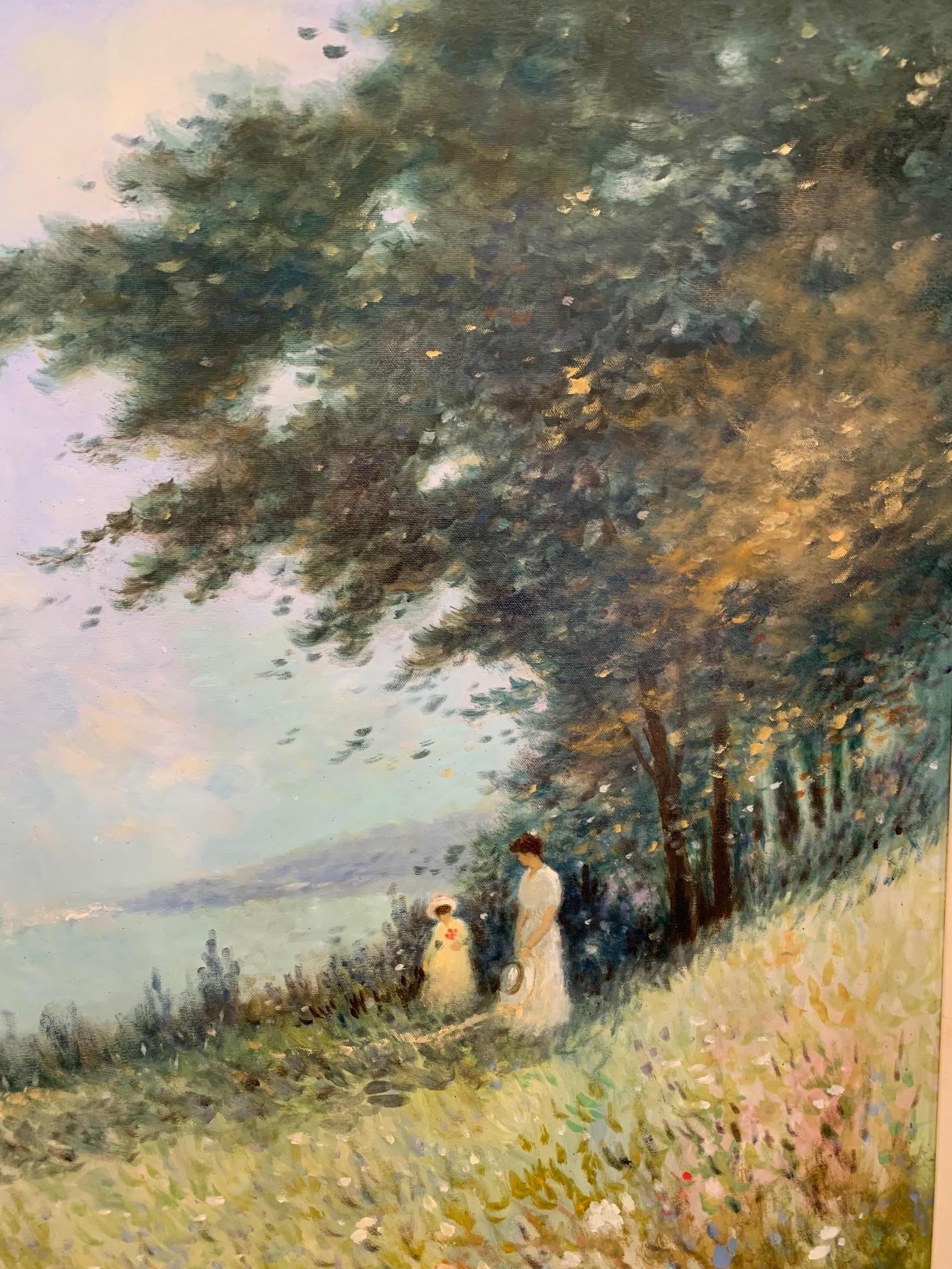 Magnificent large impressionist original landscape in the style of Monet, having two old fashioned ladies in white gowns strolling in a bucolic flower filled field with sailboats in the distance.
Canvas is 36” x 48
Framed 43” H x 55” W x