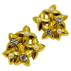 MONET vintage gold tone pearl rhinestones designer clip on earrings
