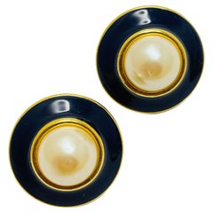 MONET Vintage signed gold pearl enamel designer earrings