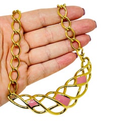 MONET vintage signed gold tone pink enamel designer chain necklace