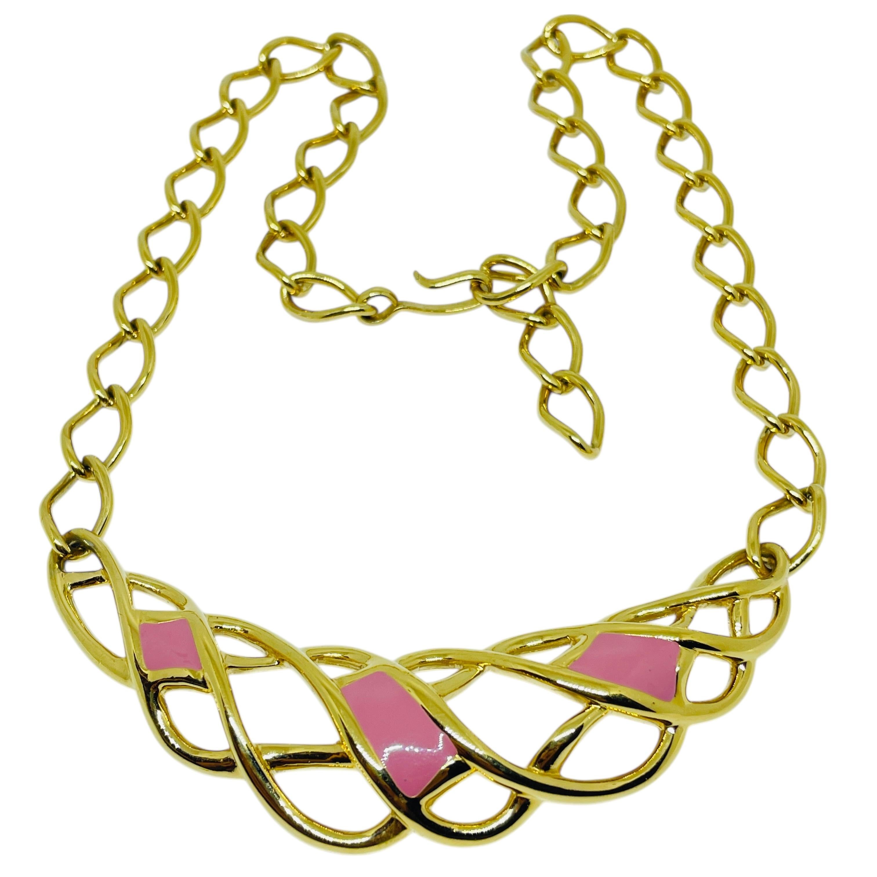MONET vintage signed gold tone pink enamel designer chain necklace For Sale 2