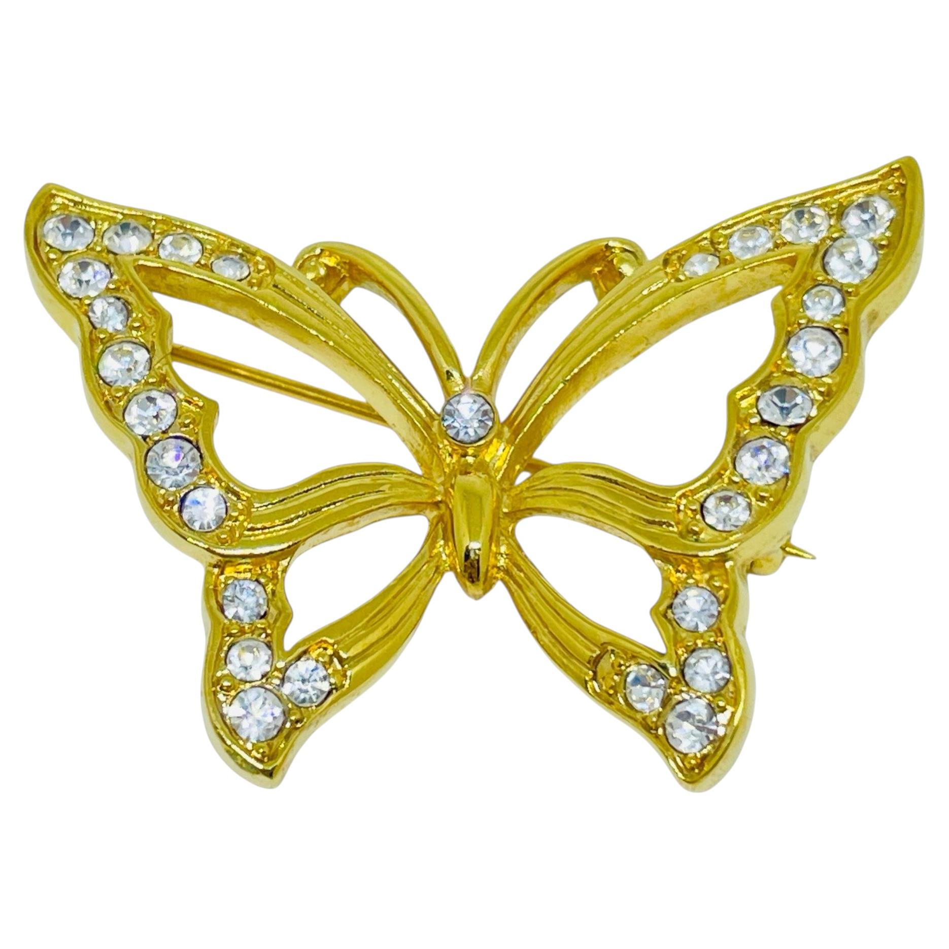 Pre-owned Monet Vintage Signed Gold Tone Rhinestone Butterfly Designer Brooch In Multi