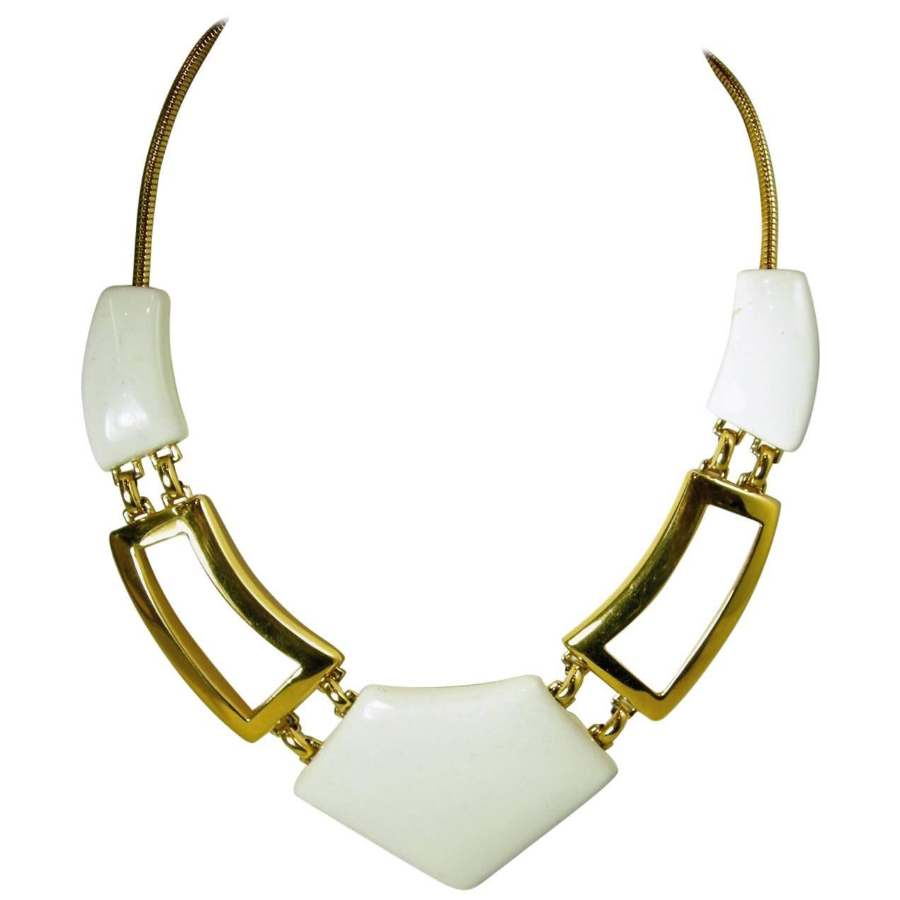 Monet Vintage Signed White Enamel Moderne Necklace For Sale