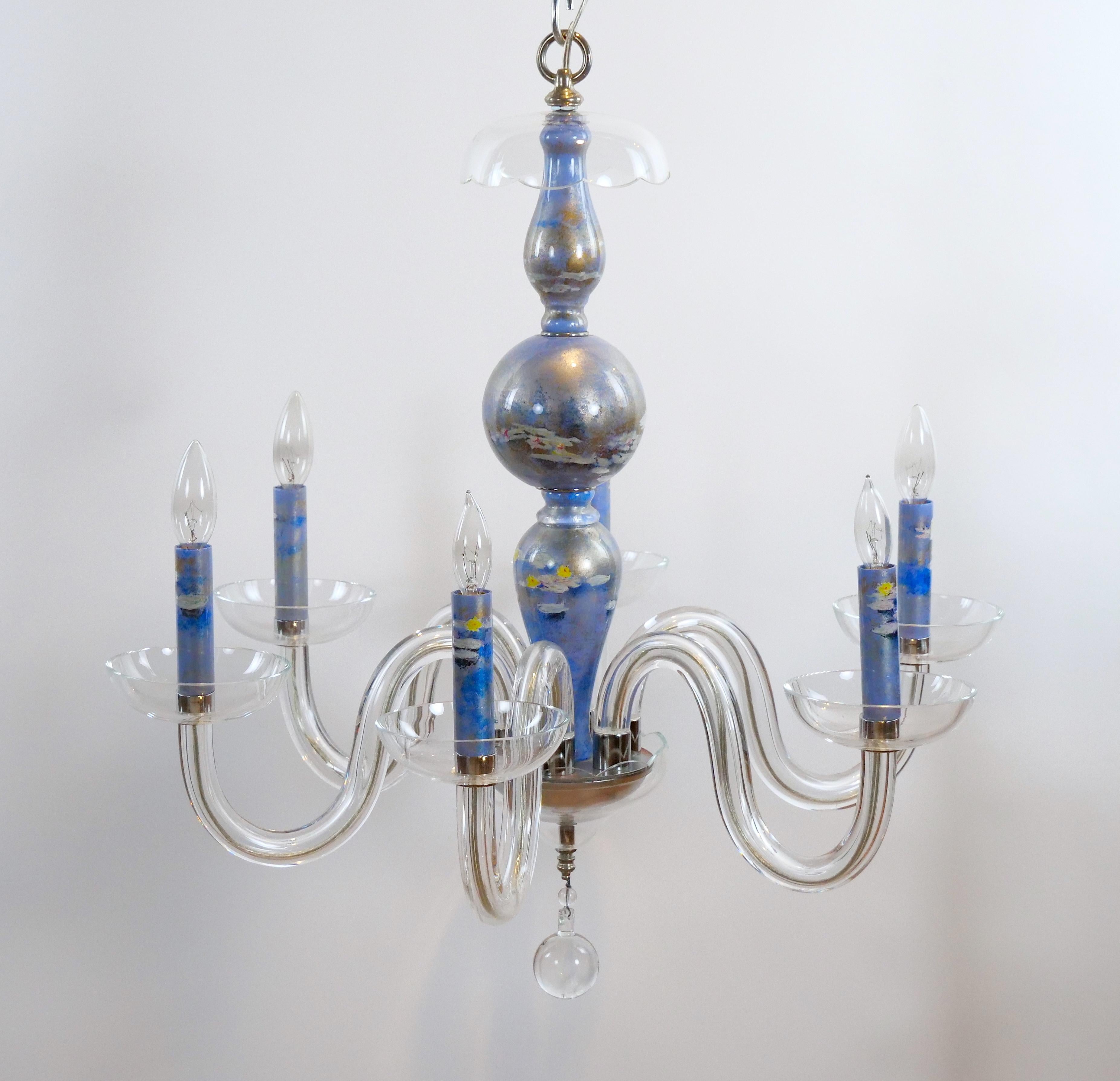 Monet water Lilies Blue / Silvered Decoupage Glass Chandelier For Sale 7