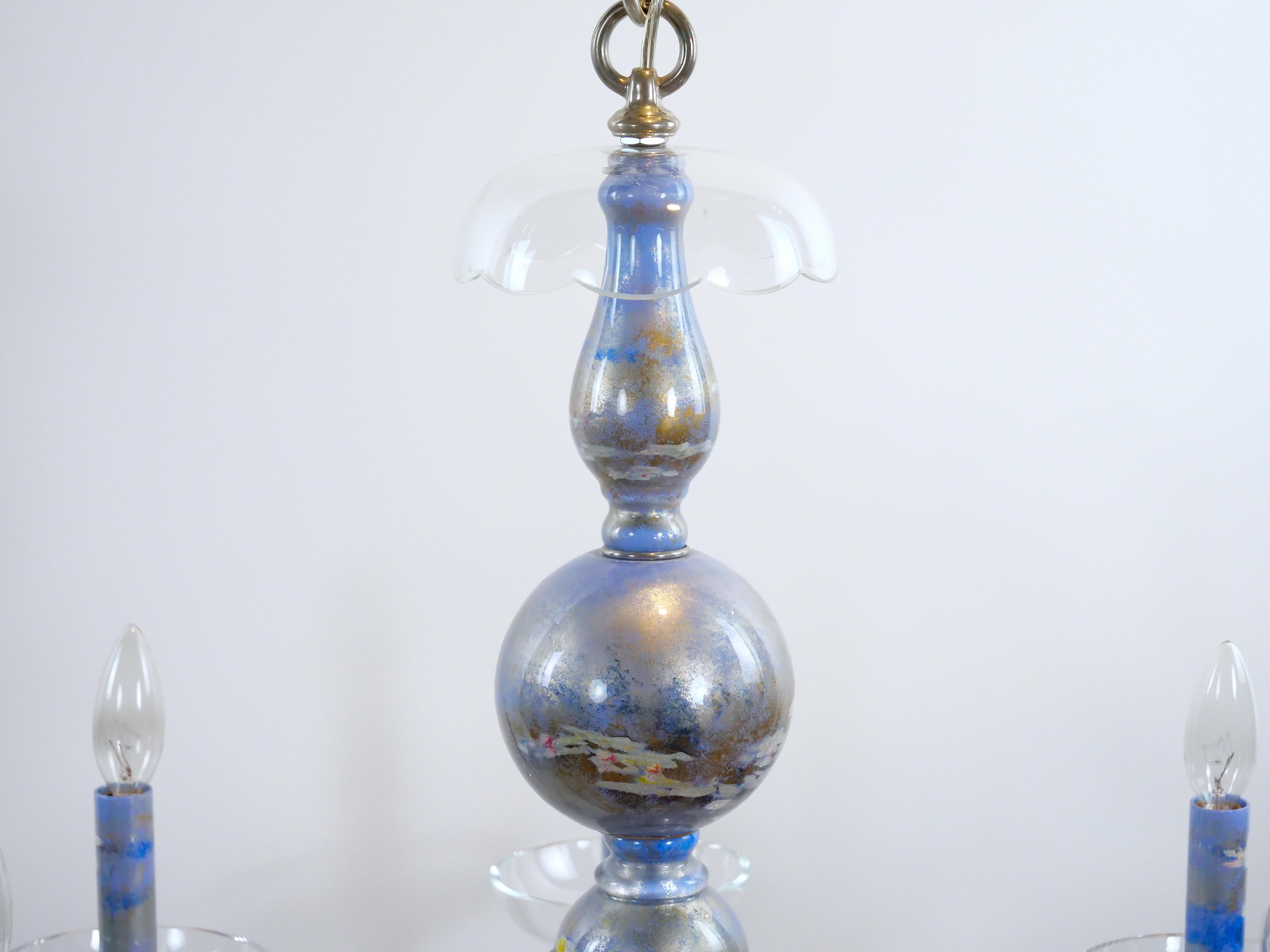 Italian Monet water Lilies Blue / Silvered Decoupage Glass Chandelier For Sale
