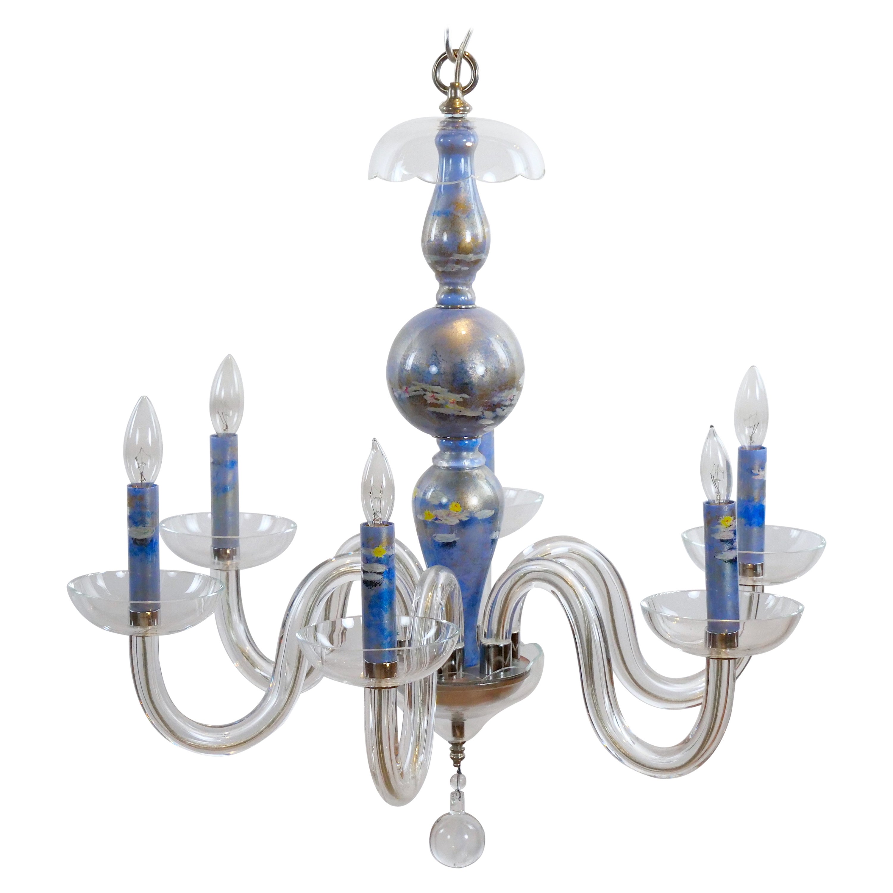 Lampadario in vetro a decoupage con ninfee di Monet blu/argentato in vendita