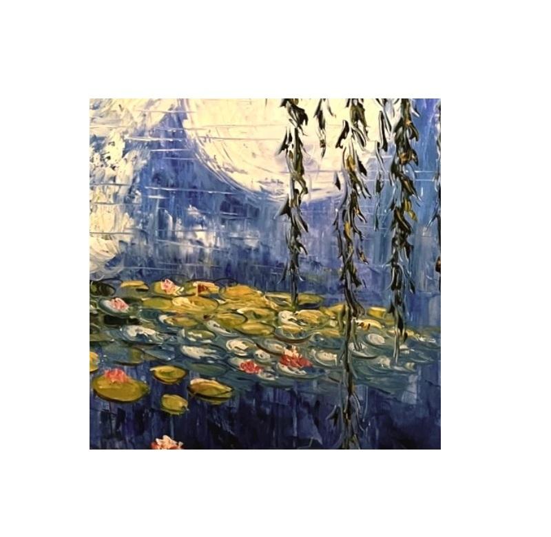 This stunning 'Water Lillies' oil painting in the style of Monet, is beautifully textured and has been painted on cotton canvas. It is framed in a light-weight gilt-wood painted frame, which can easily be shipped worldwide. It is a perfect,