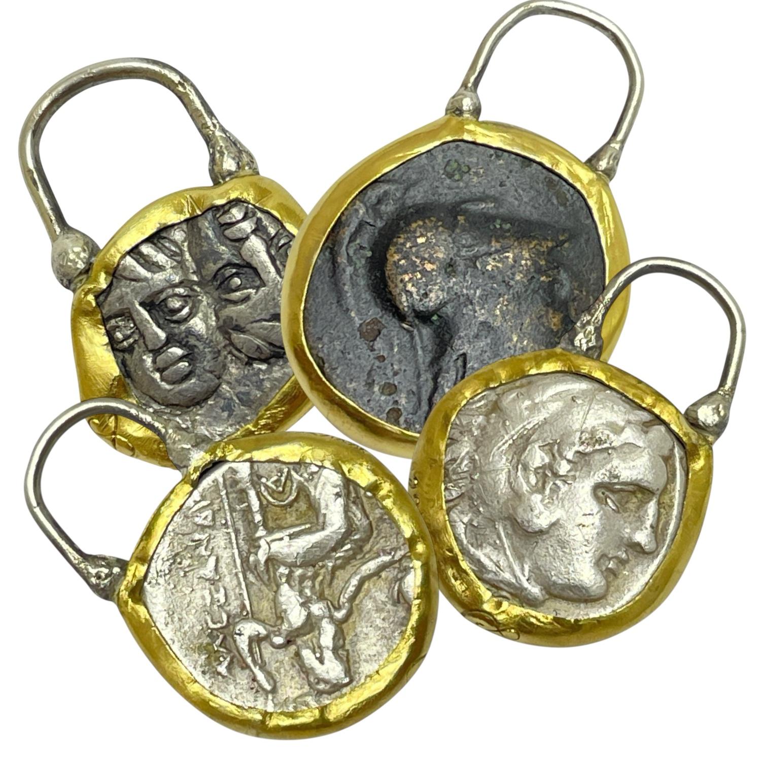 Round Cut MONETY 22k gold bezel ancient Greek coin charm by DOROTA LASAK For Sale