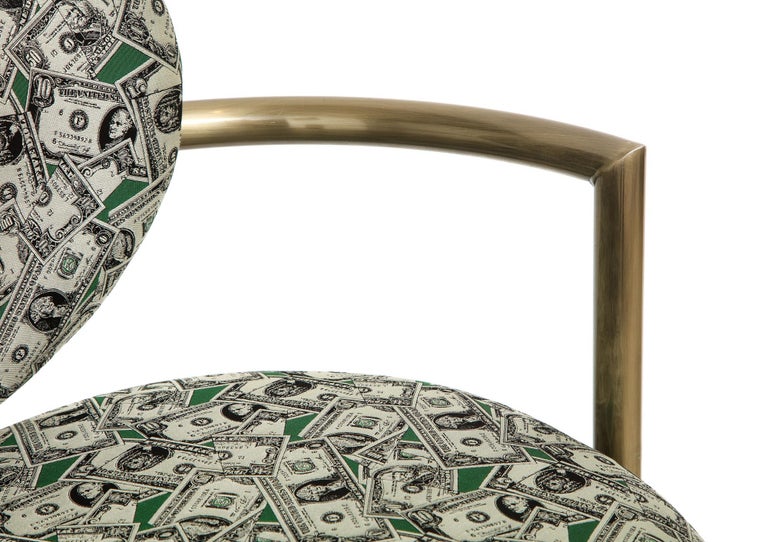 Money Bar Stools, Brass Bar Stools in Scalamandre Dollar Bill Fabric
