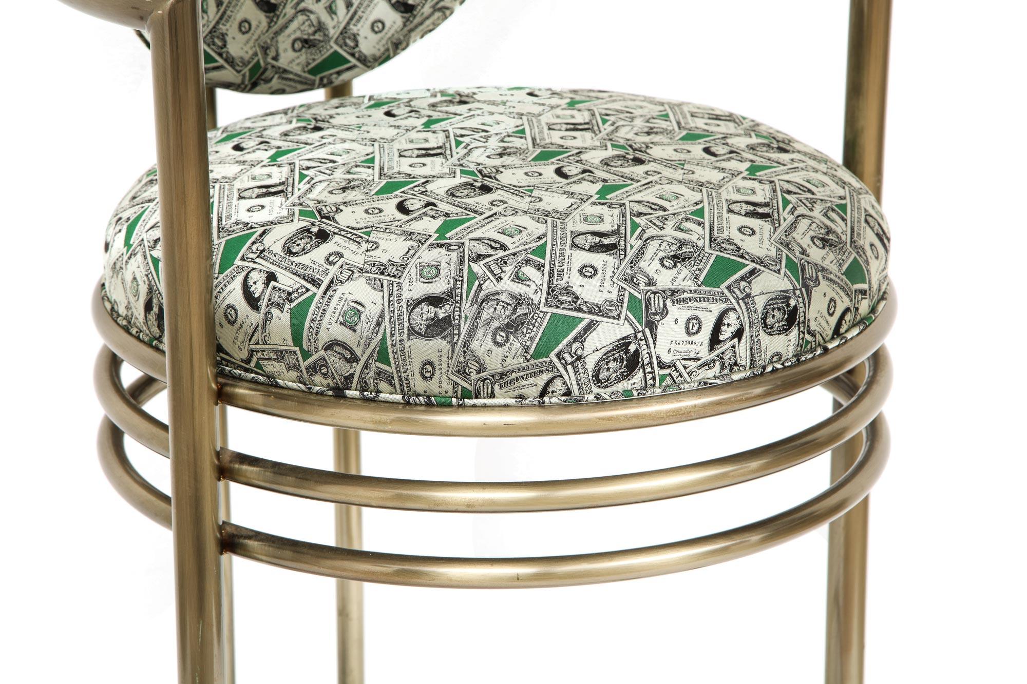 Money Bar Stools, Brass Bar Stools in Scalamandre Dollar Bill Fabric, Pair For Sale 4