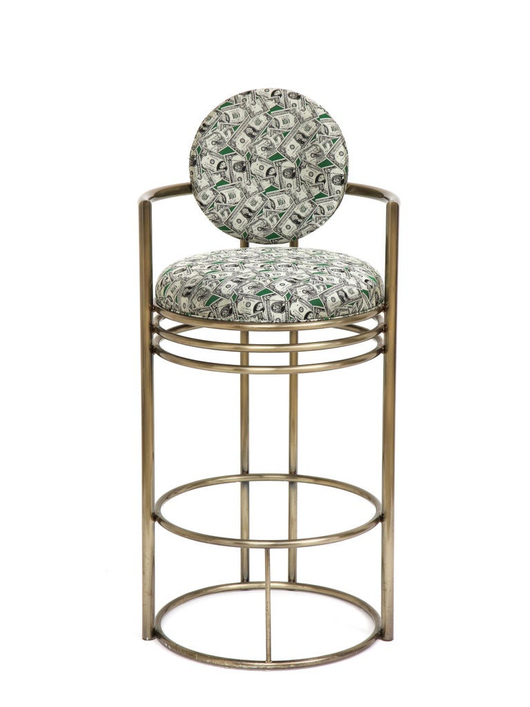 Money Bar Stools, Brass Bar Stools in Scalamandre Dollar Bill Fabric
