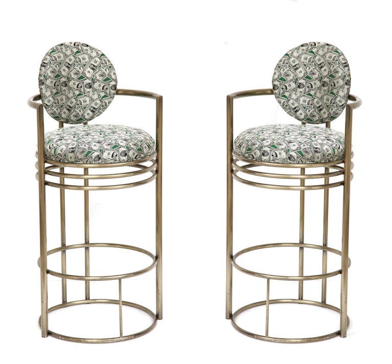 Money Bar Stools, Brass Bar Stools in Scalamandre Dollar Bill Fabric