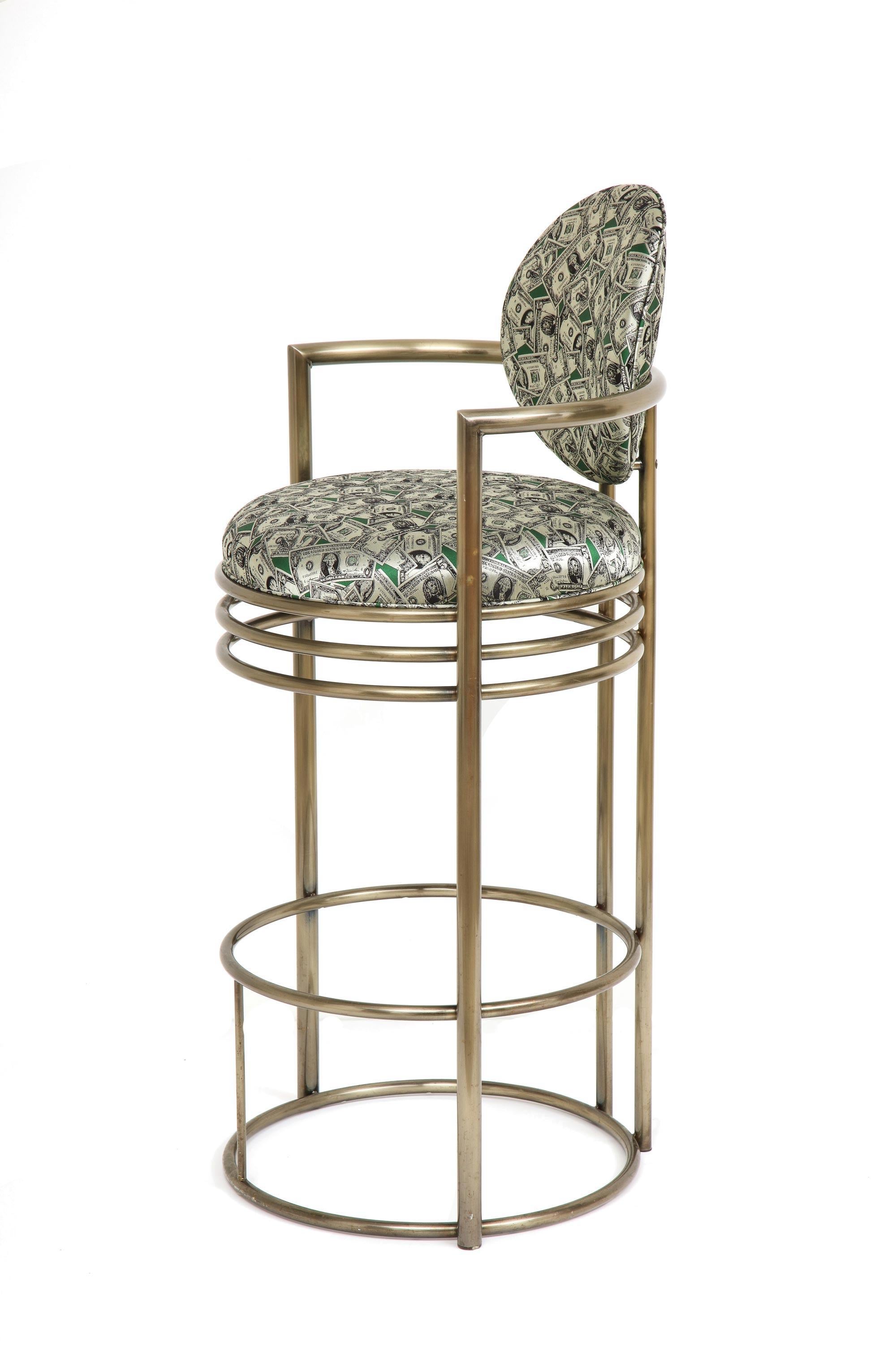 American Money Bar Stools, Brass Bar Stools in Scalamandre Dollar Bill Fabric, Pair For Sale