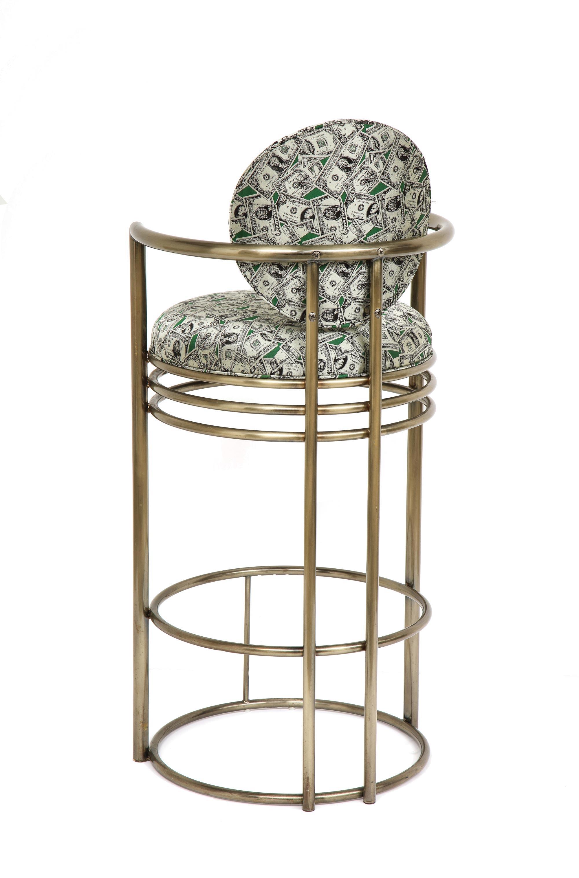 Money Bar Stools, Brass Bar Stools in Scalamandre Dollar Bill Fabric, Pair In Good Condition For Sale In New York, NY