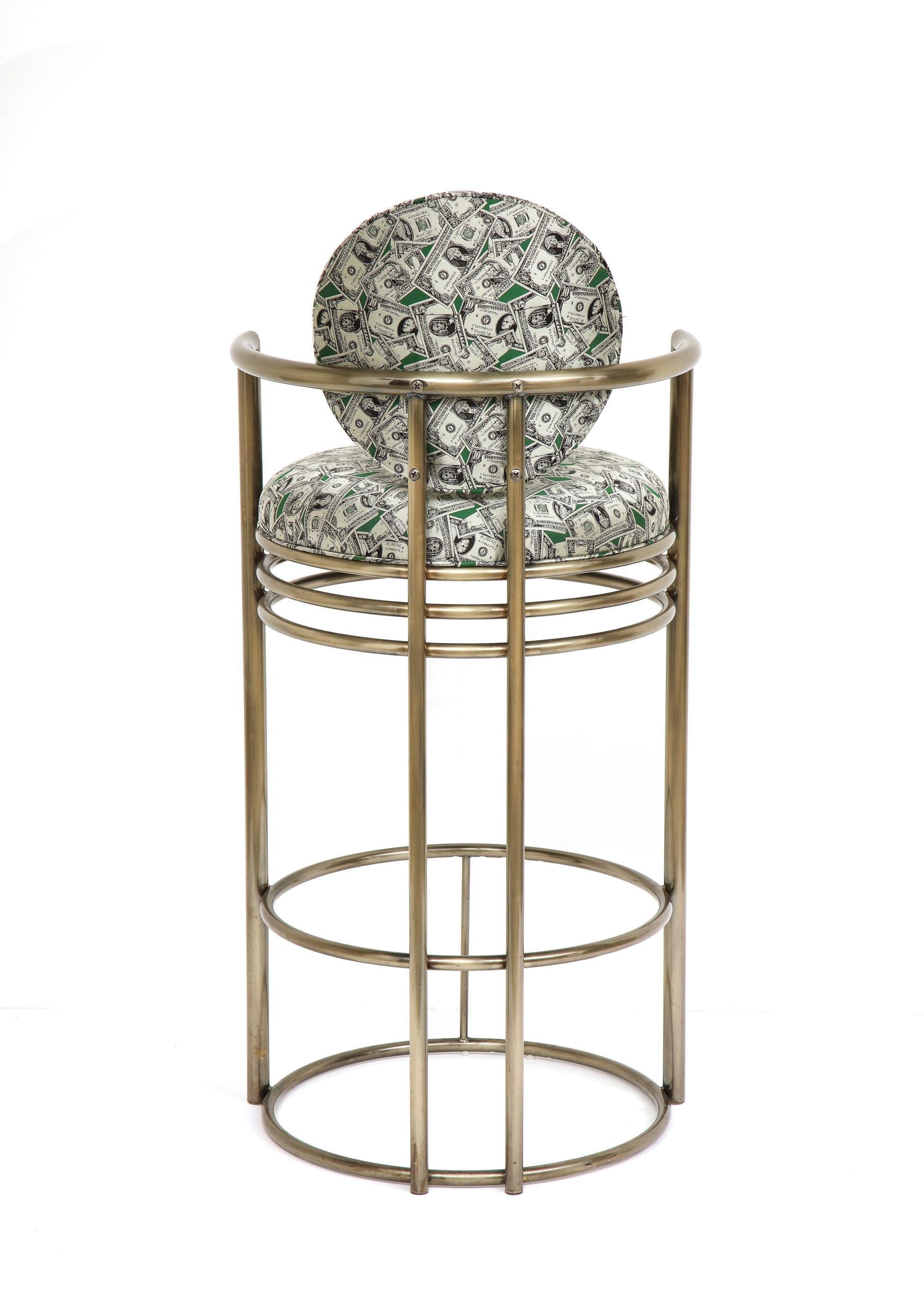 20th Century Money Bar Stools, Brass Bar Stools in Scalamandre Dollar Bill Fabric, Pair For Sale