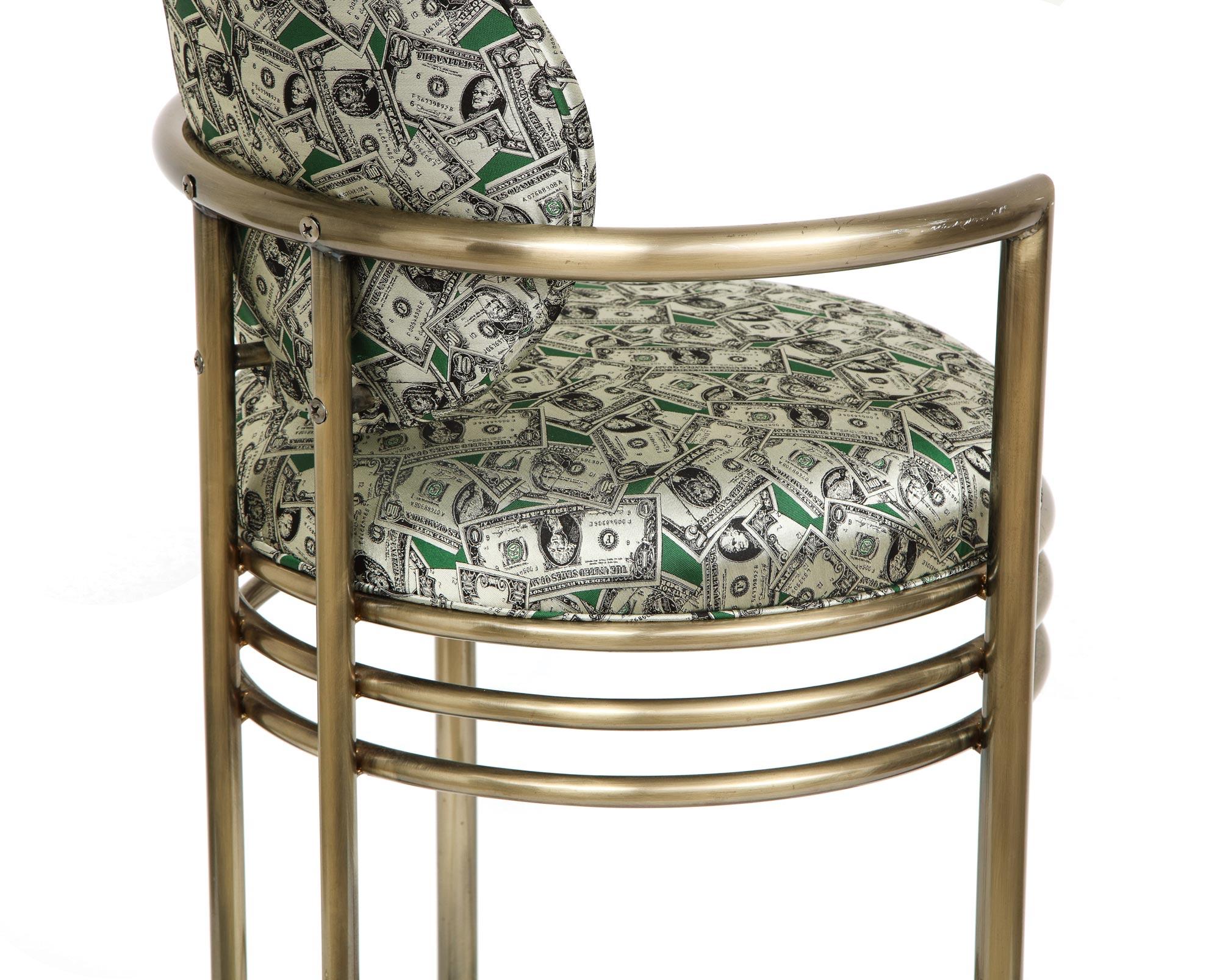 Money Bar Stools, Brass Bar Stools in Scalamandre Dollar Bill Fabric, Pair For Sale 1