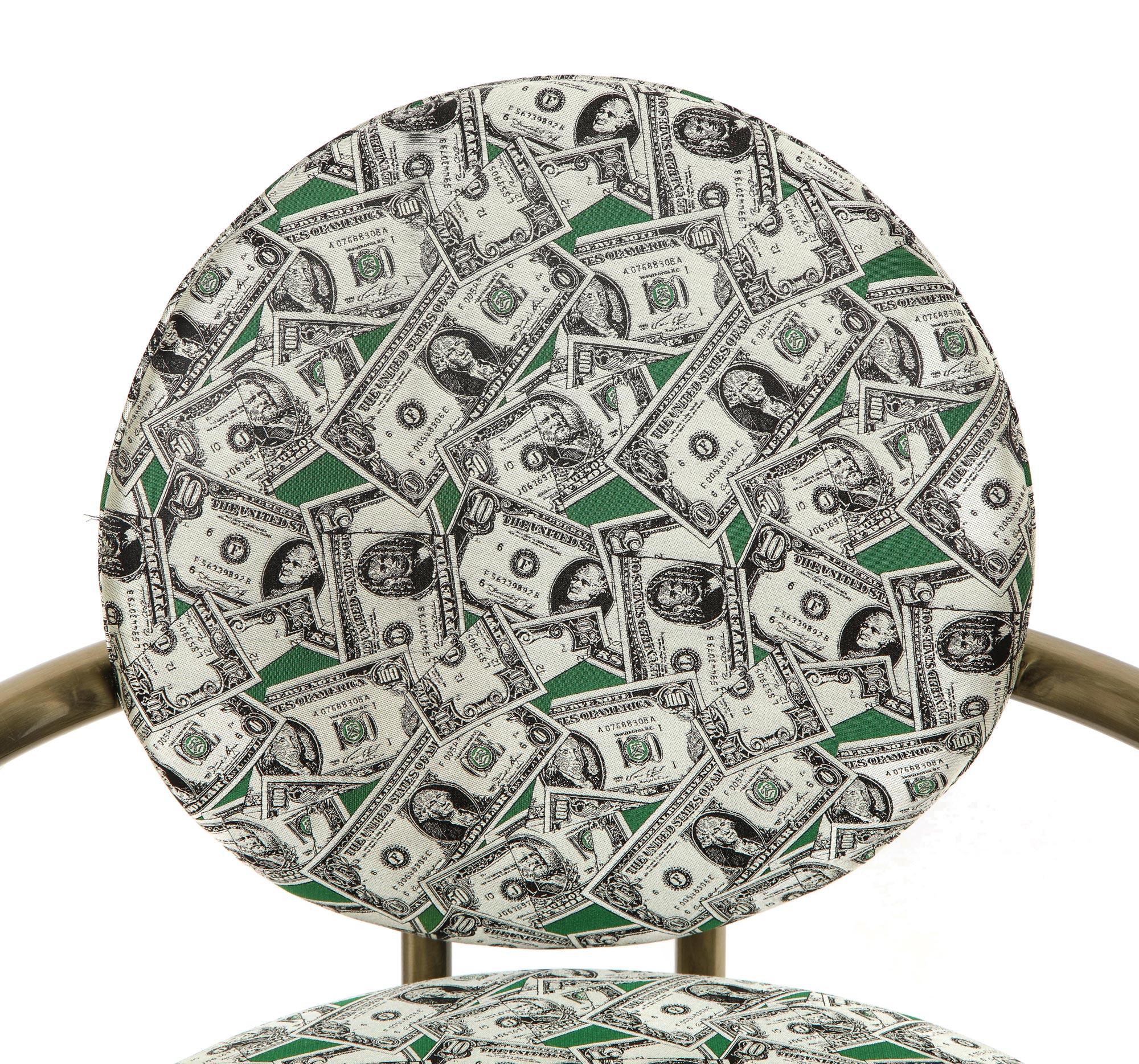 Money Bar Stools, Brass Bar Stools in Scalamandre Dollar Bill Fabric, Pair For Sale 2