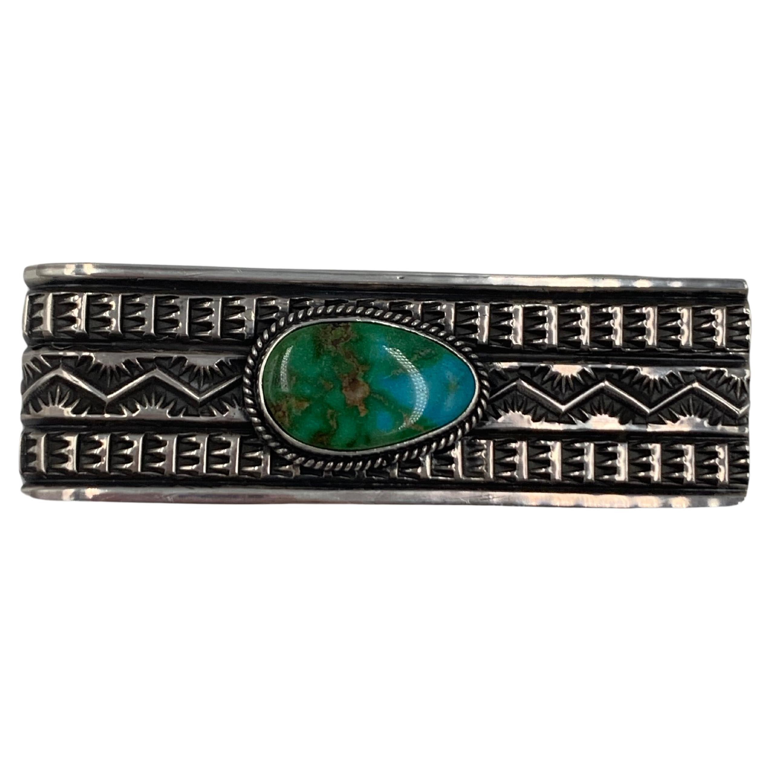 Native American Money Clip with Blue Gem Turquoise & Sterling Silver by Sunshine Reeves For Sale