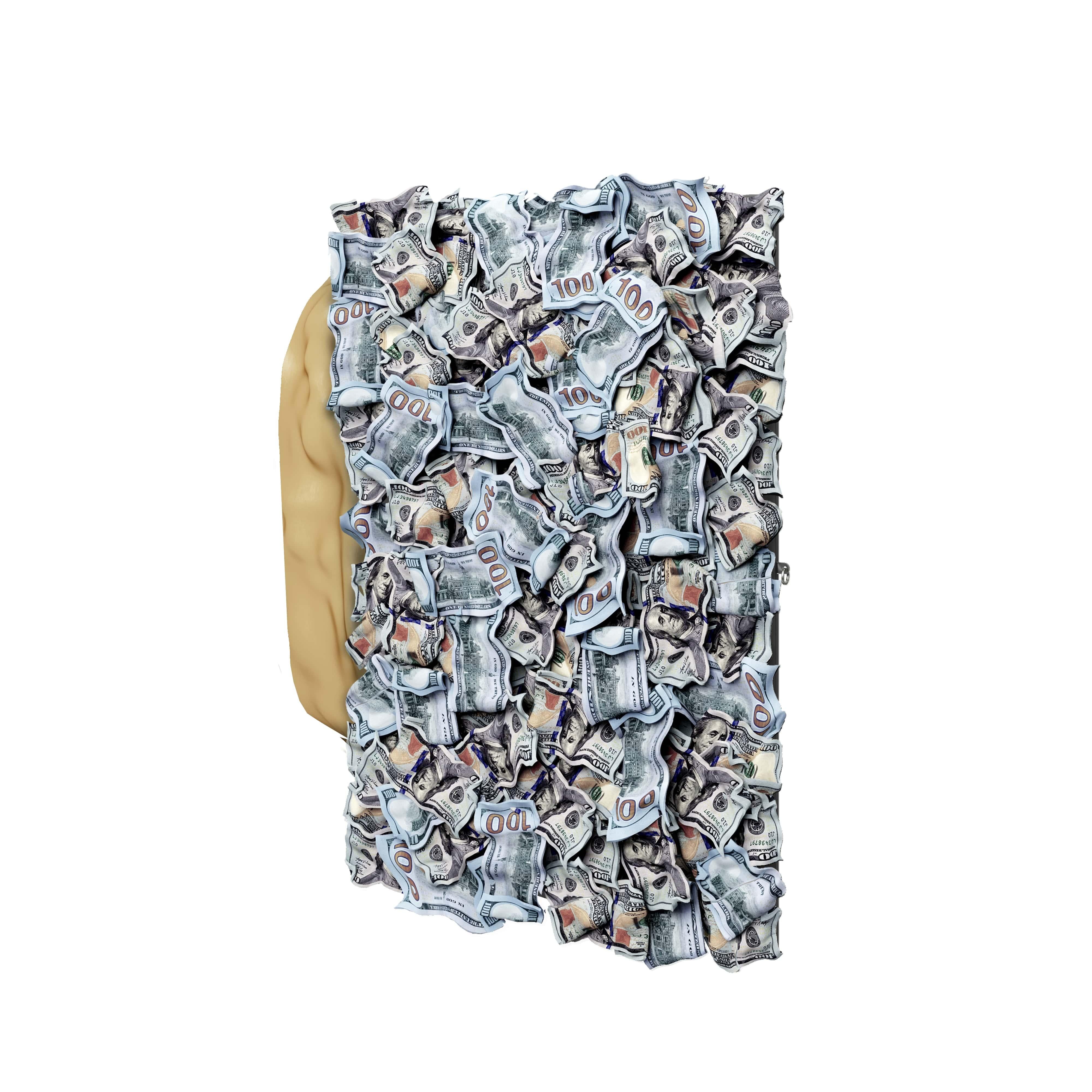 Money cabinet boasts exceptional Paul Rousso’s sculptural money banknotes, which were meticulously placed into the doors of the cabinet, to enhance its curves and perfect proportions. Made of resin and hand sculpted acrylic, the delicate details are