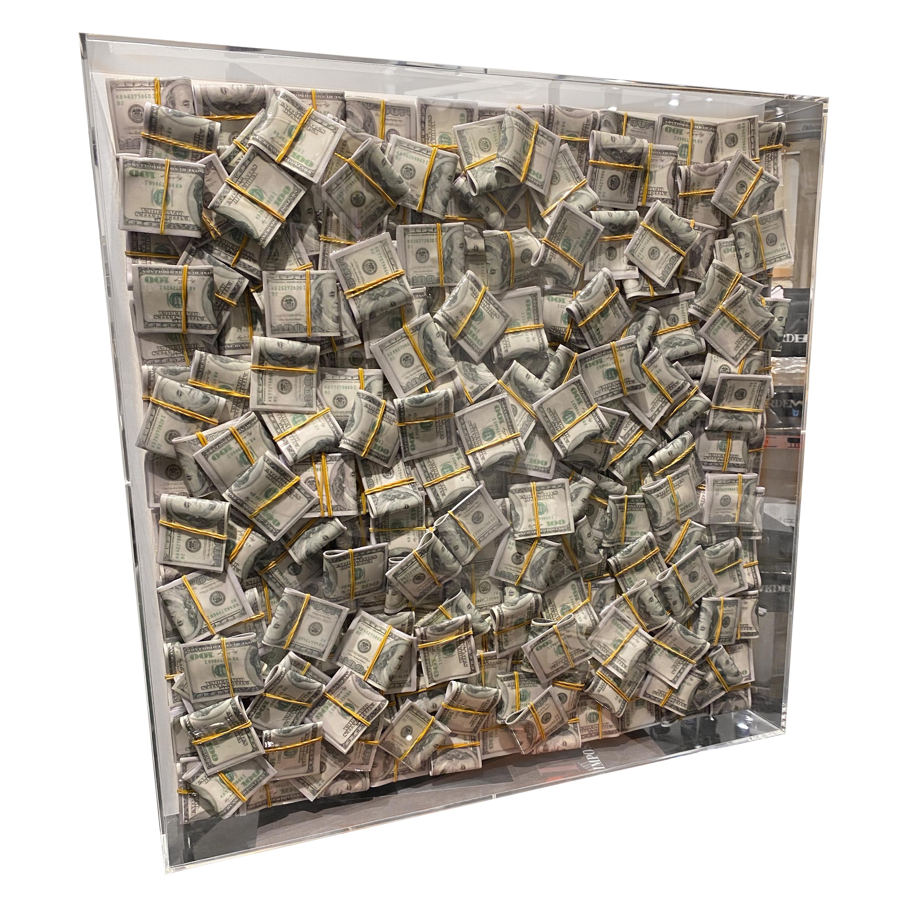 Money Painting Contemporary Wall Art Sculpture Dollar Bills with Epoxy