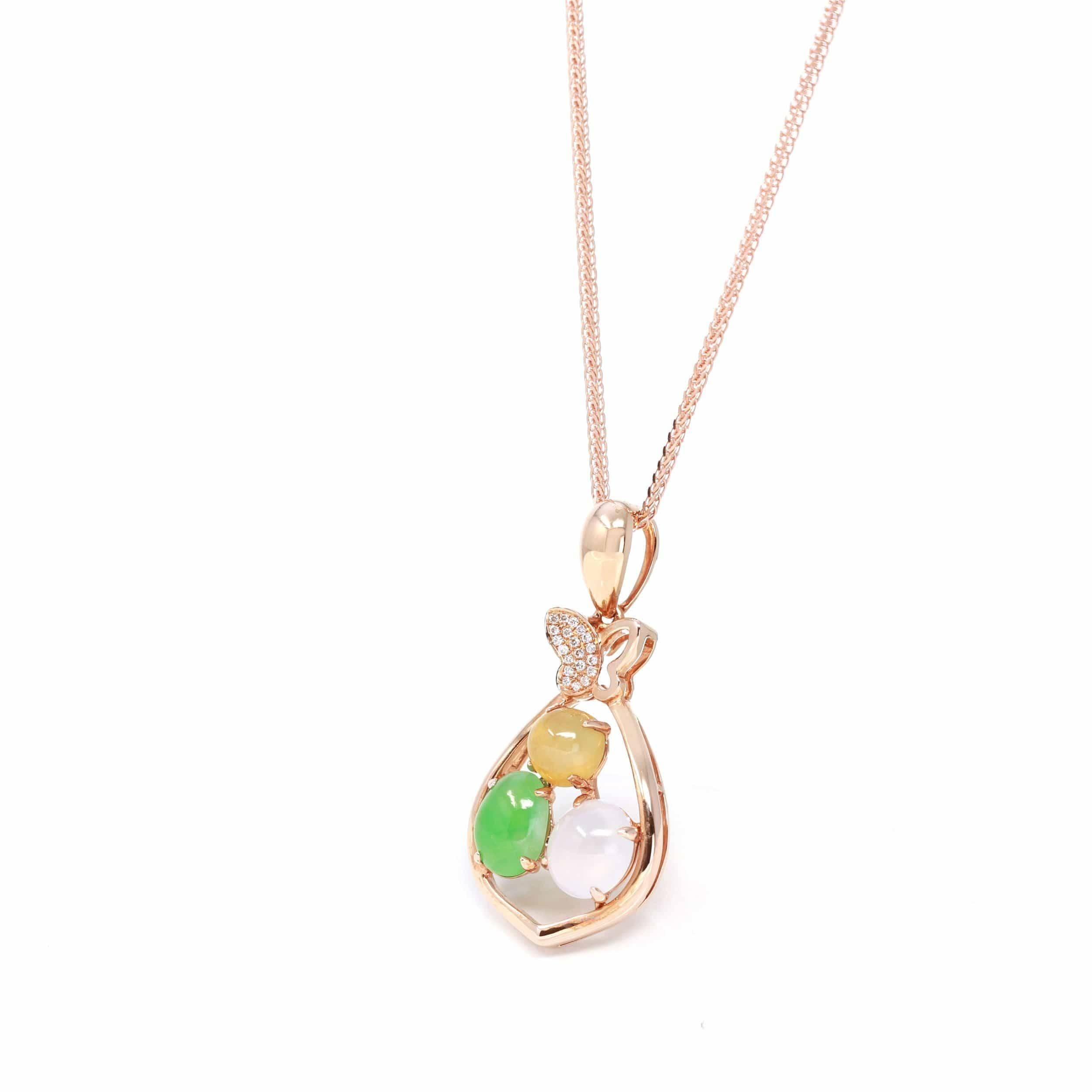 Design Concept: --- This necklace puts a modern twist on a traditional symbol that represents wealth accumulation, good luck, and prosperity. With the rare and gorgeous ice/multi-color jadeite from Burma. This necklace combines these perfectly