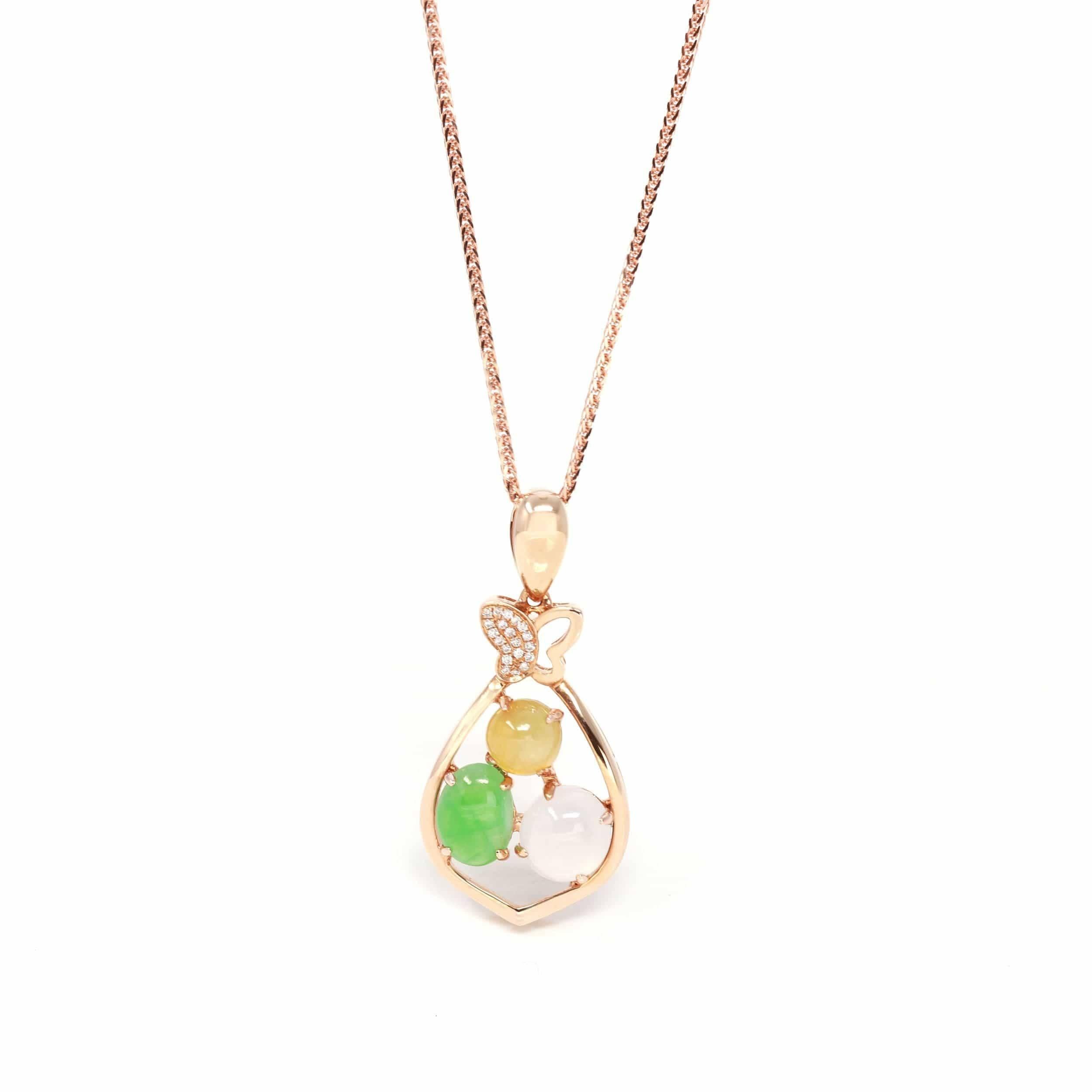 "Money Sack" 18k Rose Gold Multi-Colored Jadeite Jade Diamond Pendant Necklace For Sale