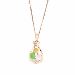 "Money Sack" 18k Rose Gold Multi-Colored Jadeite Jade Diamond Pendant Necklace