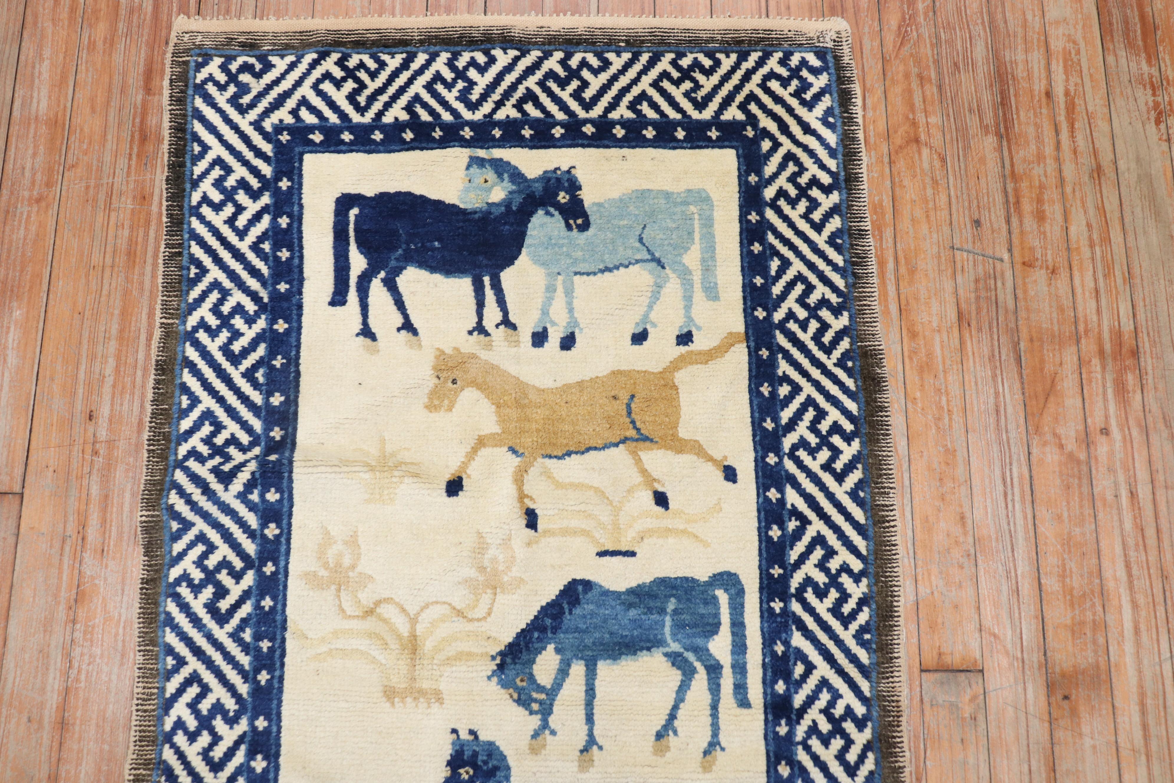 20th Century Mongolian Animal Horse Pictorial Rug