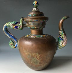 Mongolian Chinese Antique Copper Brass Enamel Teapot Asian Tibetan Antiques