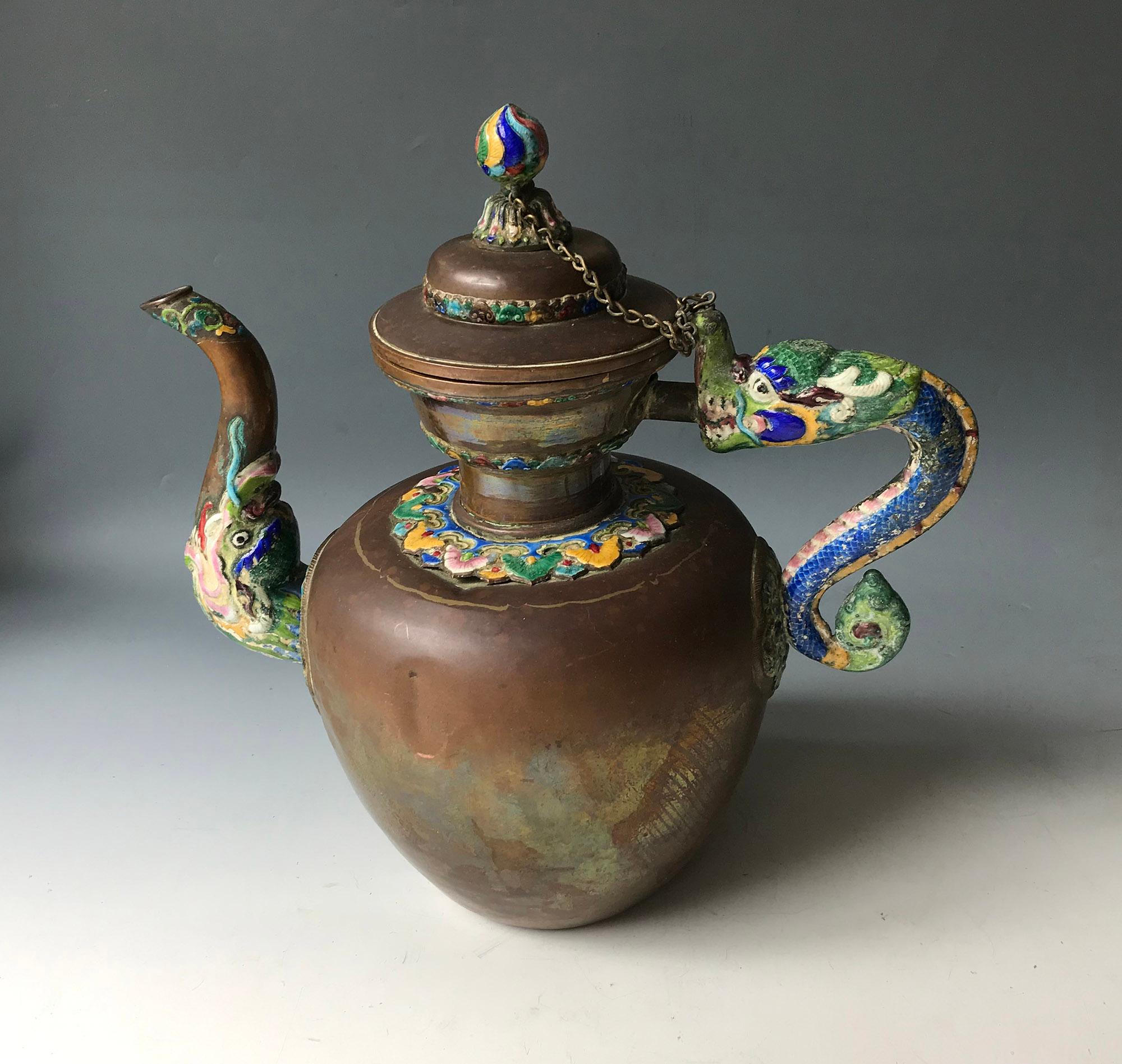 Hammered Mongolian Chinese Antique Copper Brass Enamel Teapot Asian Tibetan Antiques