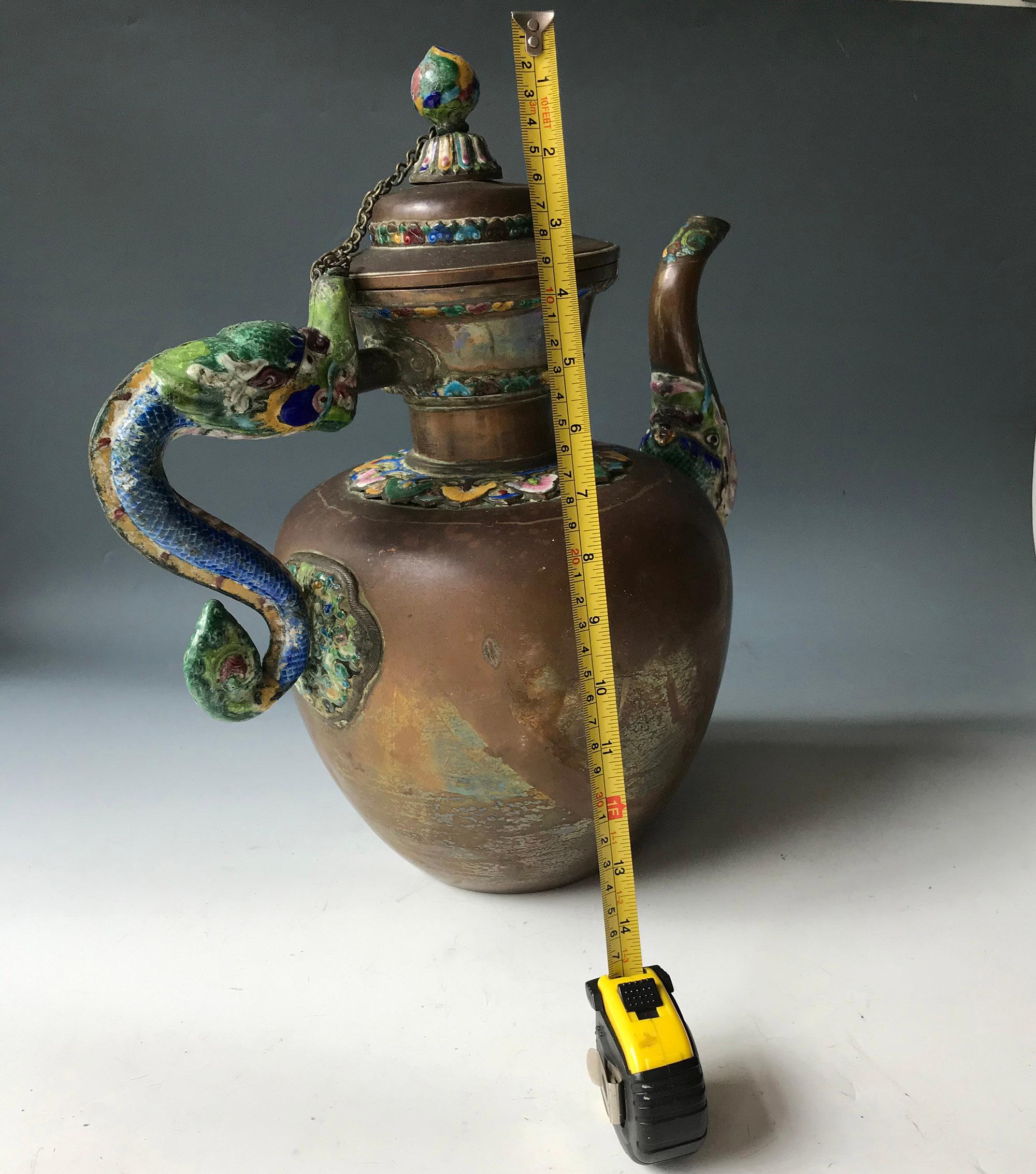Mongolian Chinese Antique Copper Brass Enamel Teapot Asian Tibetan Antiques In Good Condition In London, GB