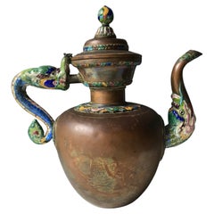 Mongolian Chinese Antique Copper Brass Enamel Teapot Asian Tibetan Antiques