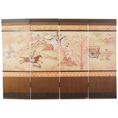 Mongolian Hunters Four Panel Painted Screen from Korea