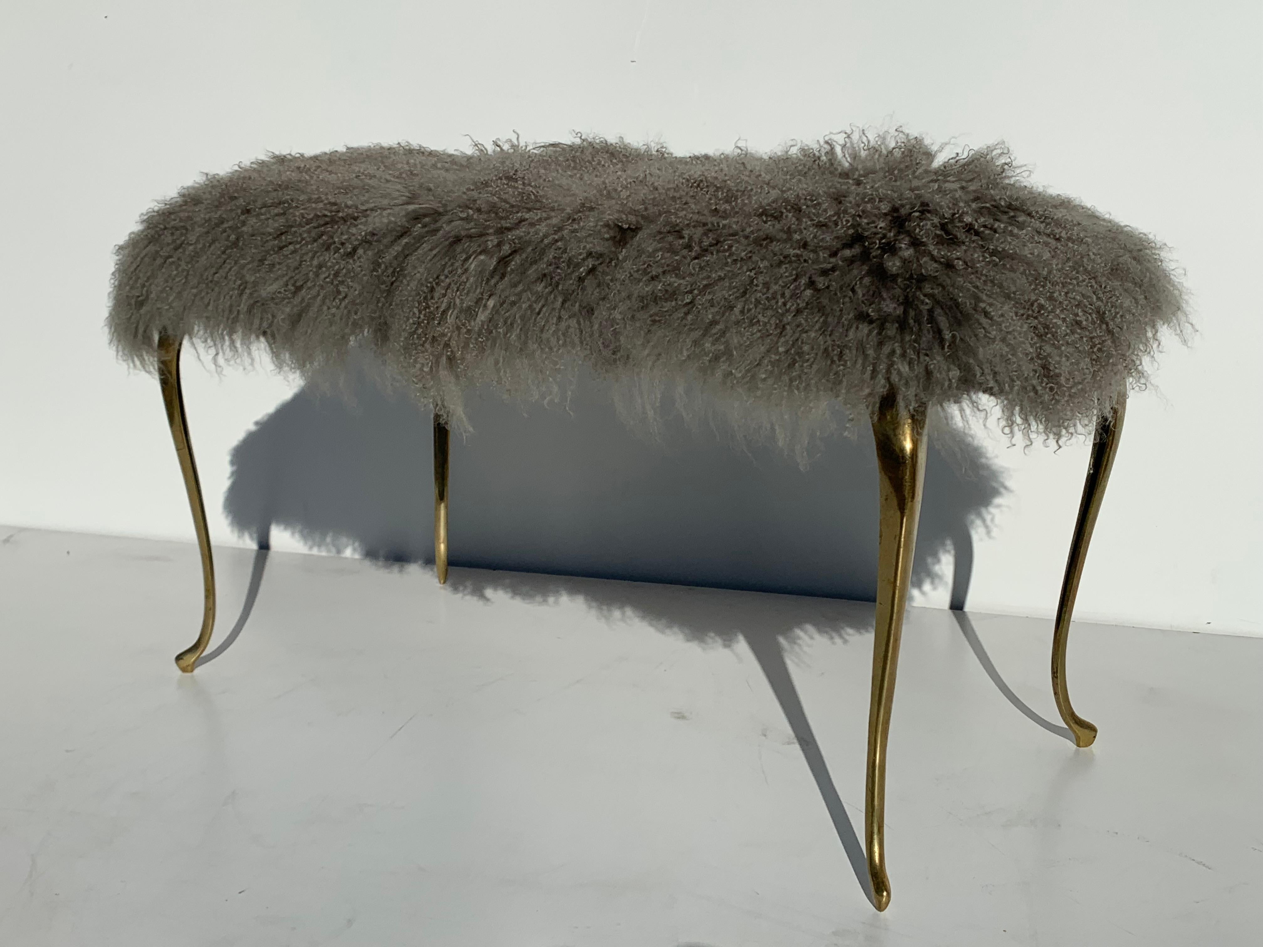 Mongolian Fur Bench with Brass Cabriolet Legs (Hollywood Regency)