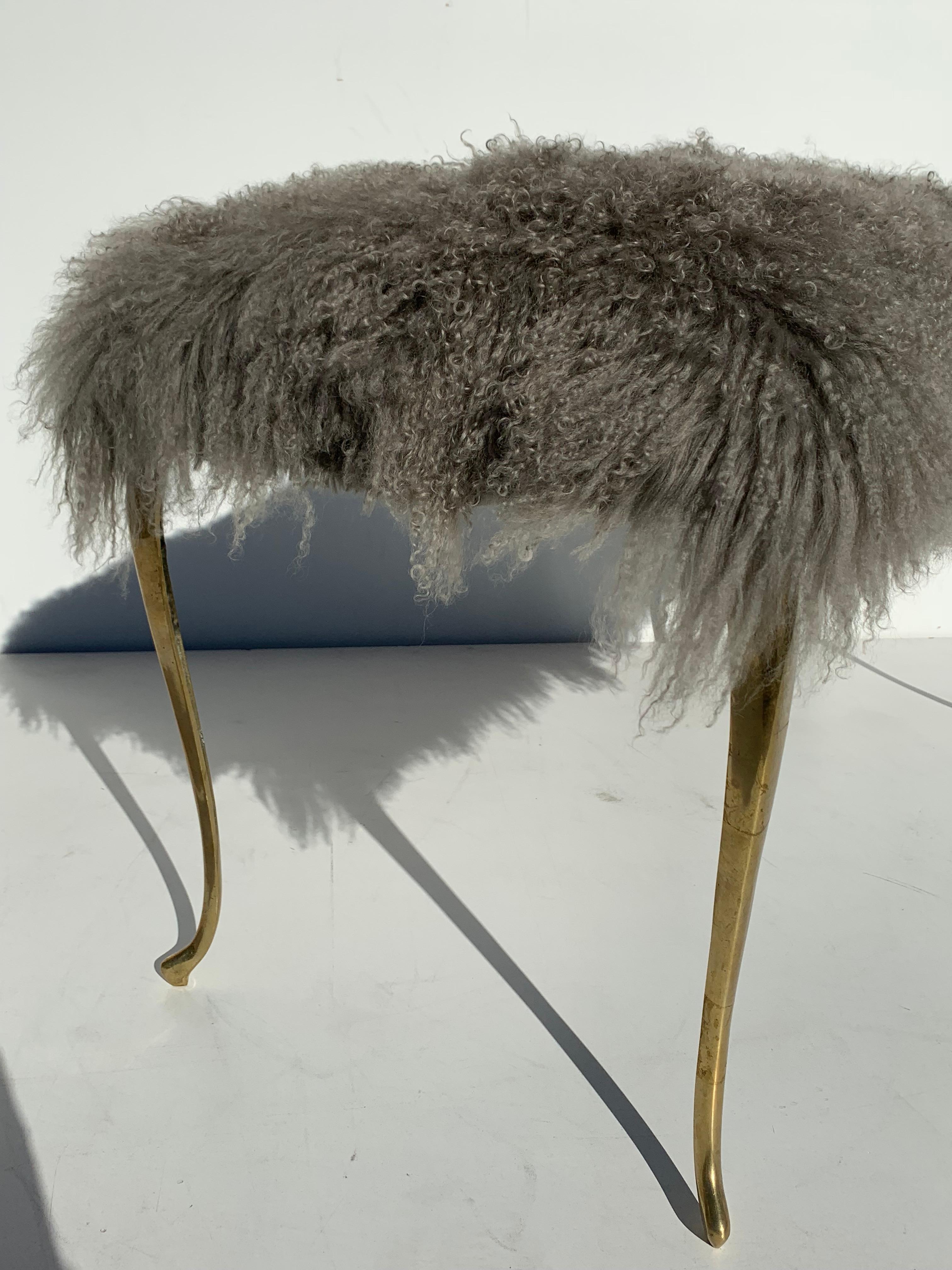 Mongolian Fur Bench with Brass Cabriolet Legs 1