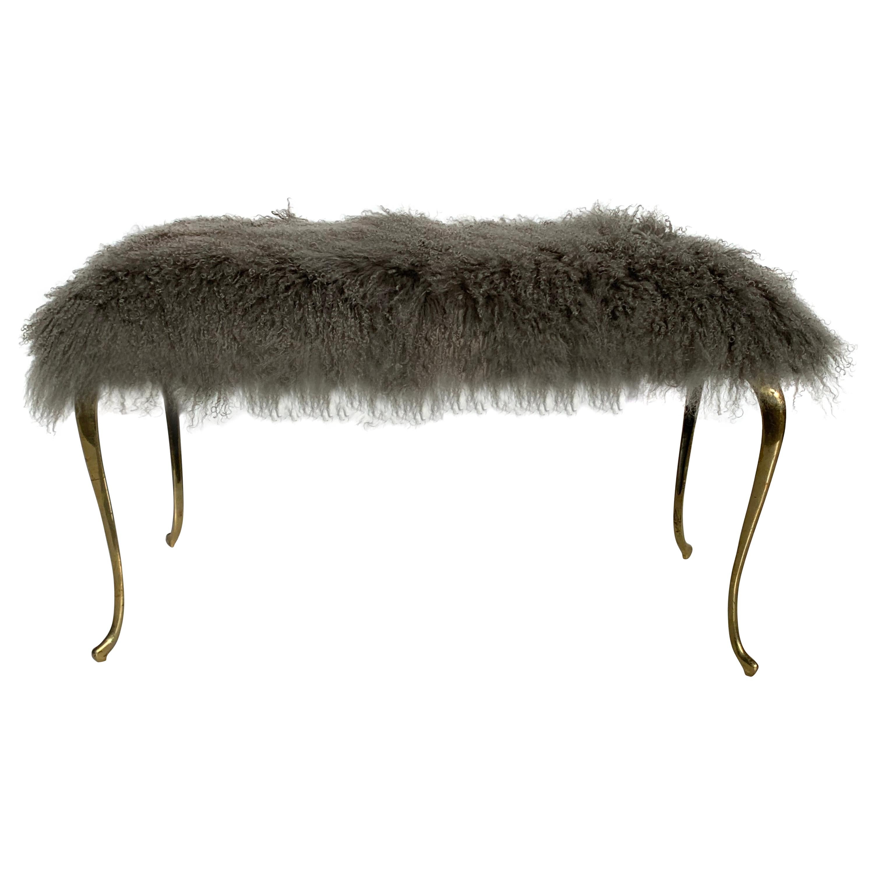 Mongolian Fur Bench with Brass Cabriolet Legs