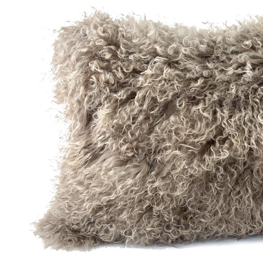 Australian Mongolian Fur Pillow Lumbar, Brown Hazelnut For Sale