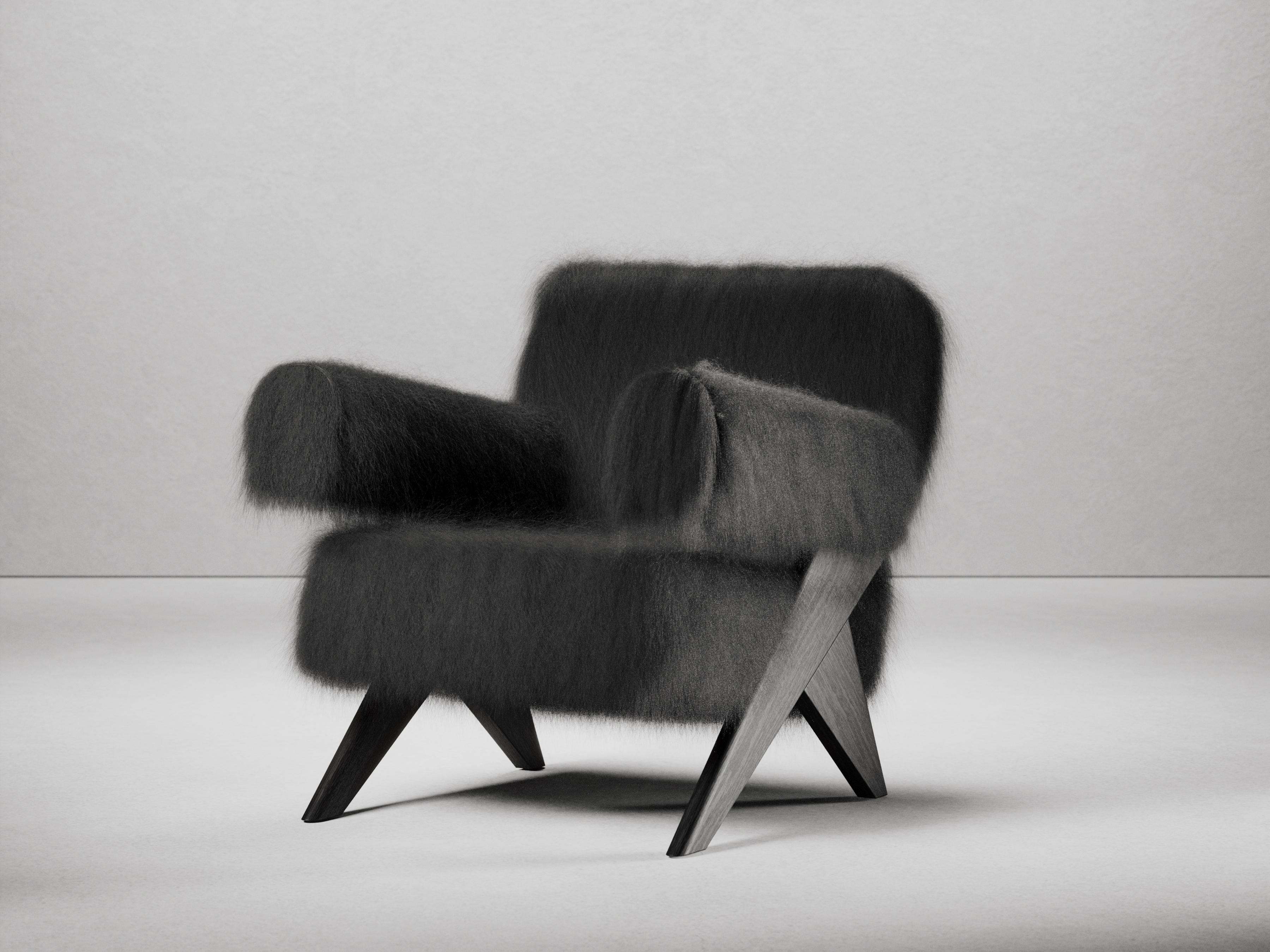 Mongolian Fur Souvenir Armchair by Gio Pagani
Dimensions: D 77 x W 69 x H 75 cm. SH: 38 cm.
Materials: Black elm wood and Mongolian fur. 

In a fluid society capable of mixing infinite social and cultural varieties, the nostalgic search for reworked