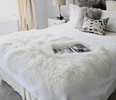 Mongolian Fur Throw Rug, Mongolian Sheepskin in Natural White