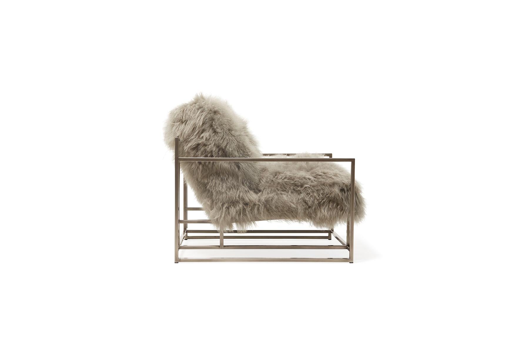 Modern Mongolian Grey Sheepskin and Antique Nickel Armchair For Sale
