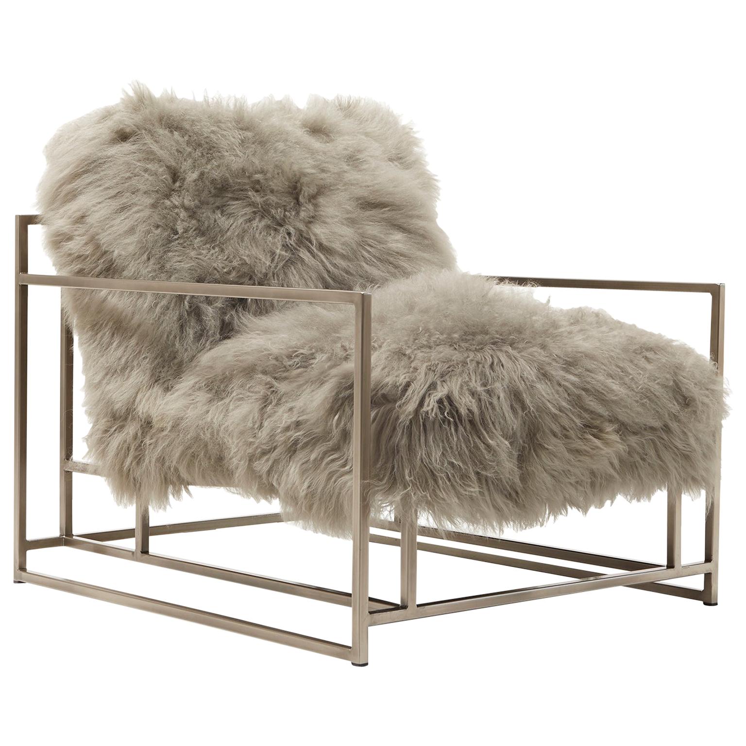 Mongolian Grey Sheepskin and Antique Nickel Armchair For Sale