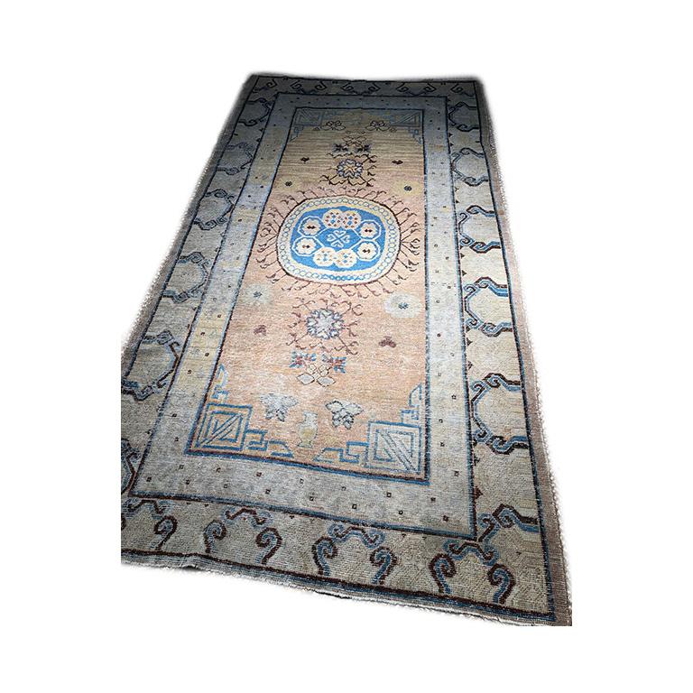 Vintage Mongolian Khotan. 100% Wool.

Dimensions: 8’5″ x 4’5″

1280

 

An epitome of history, character and culture, Antique Khotan rugs add richness to a room. Produced in Khotan, an area situated along the silk trade route in the southern region