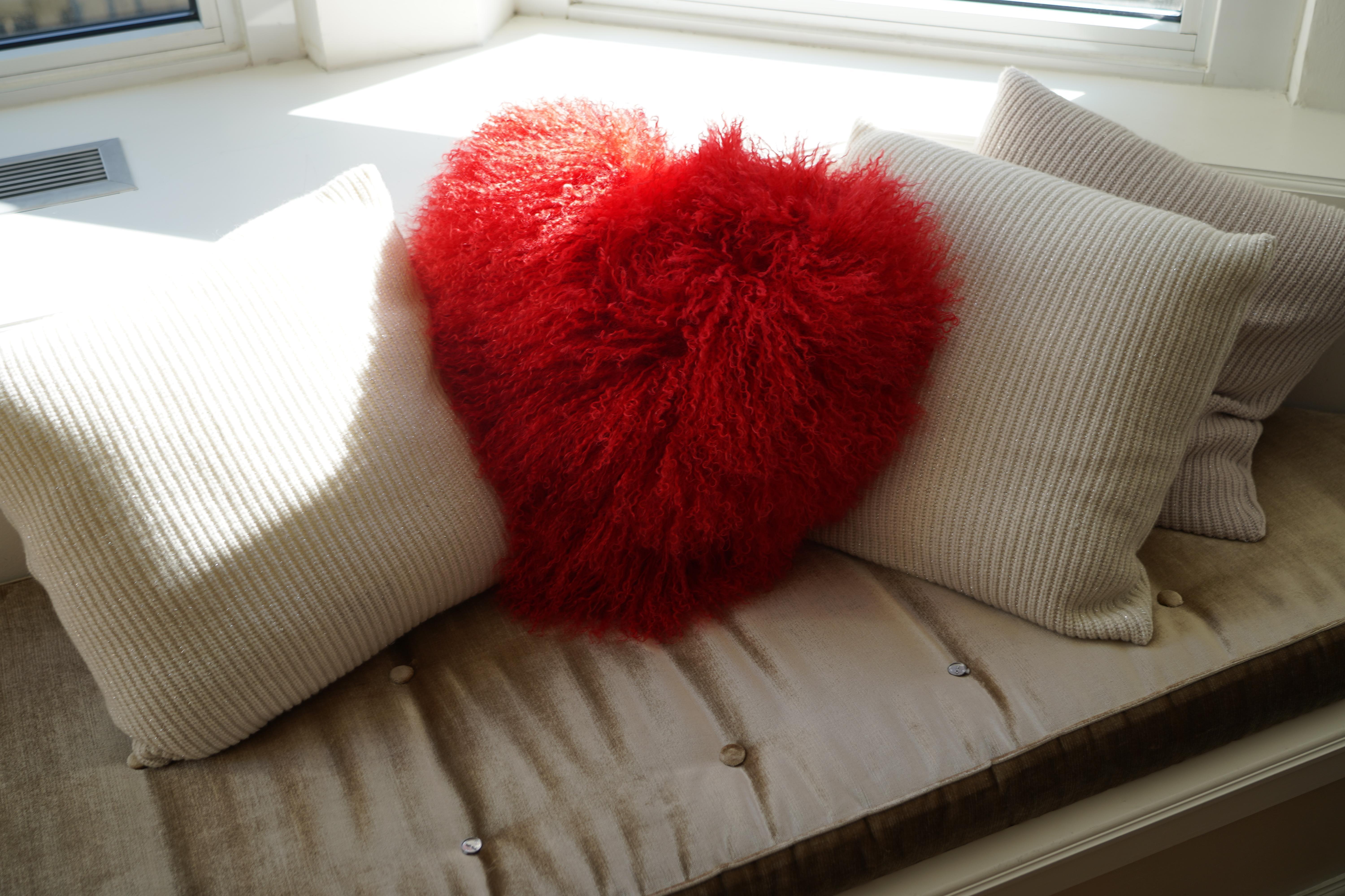 Women's or Men's Mongolian Lamb Heart Pillow-Red For Sale