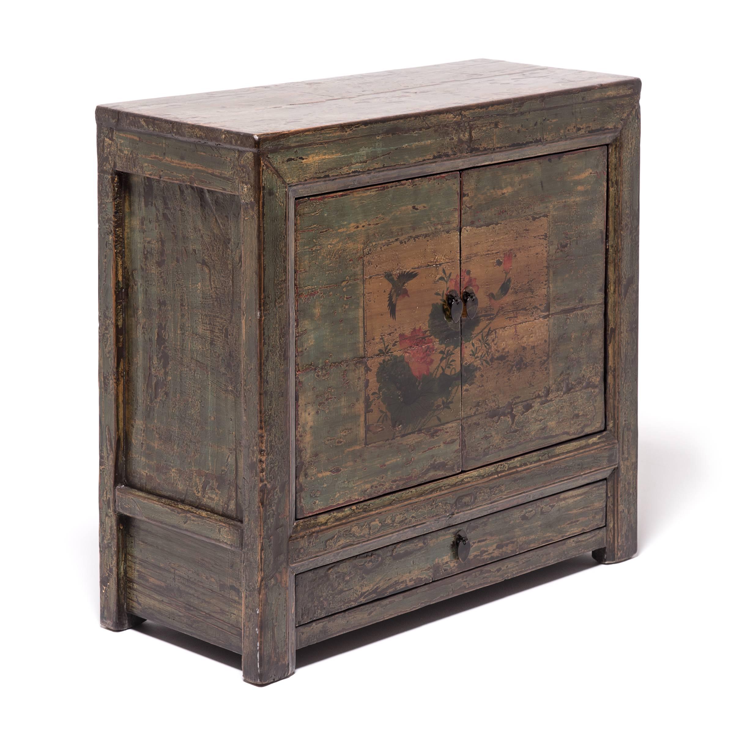 Pine Mongolian Lotus and Sparrow Two-Door Painted Chest