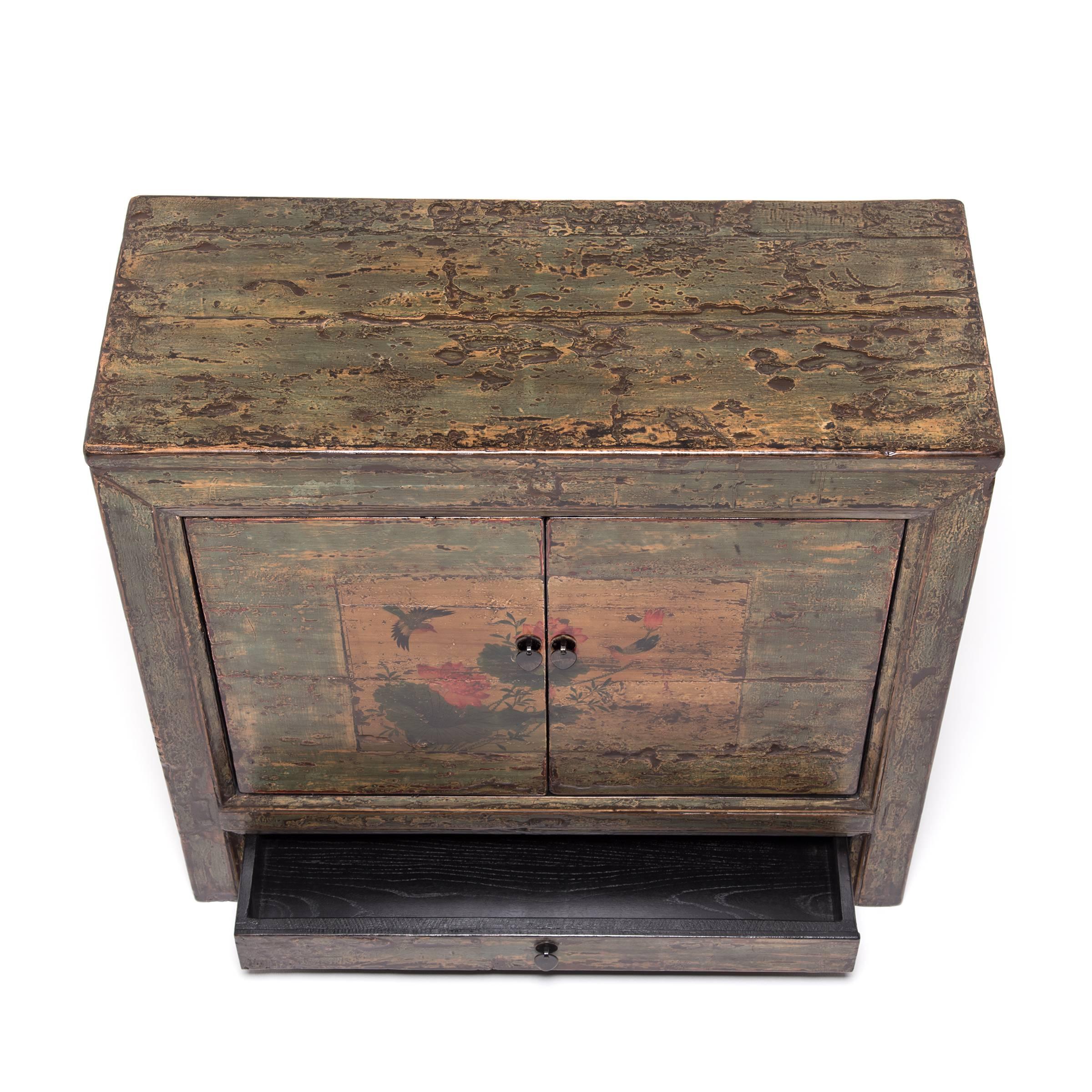Mongolian Lotus and Sparrow Two-Door Painted Chest 1